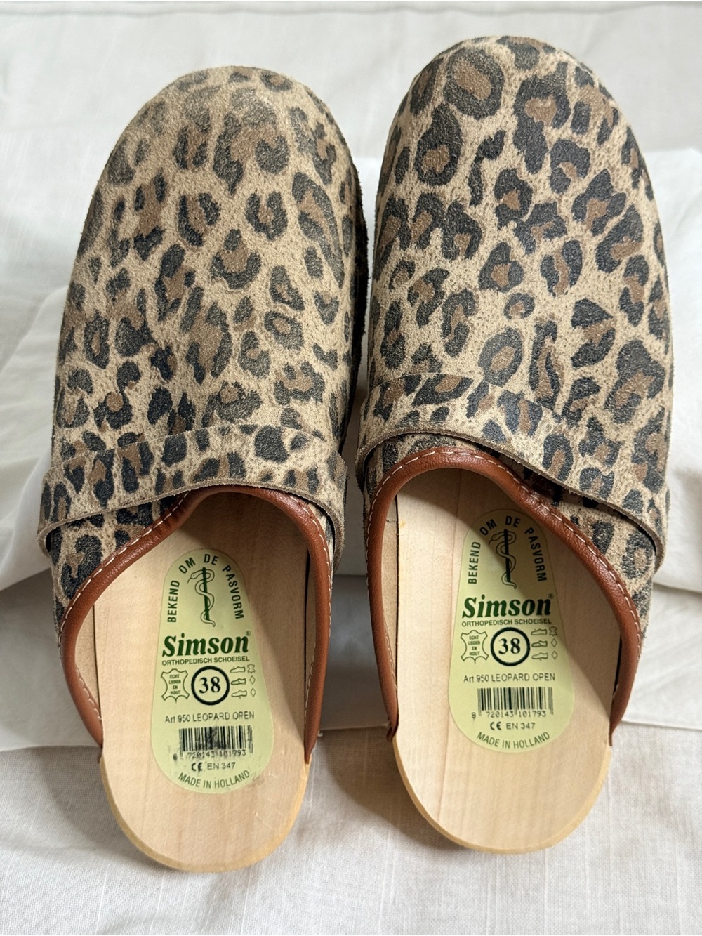 Simson Holland Wooden Clogs Size 38 Leopard Print Leather Orthopedic Mules